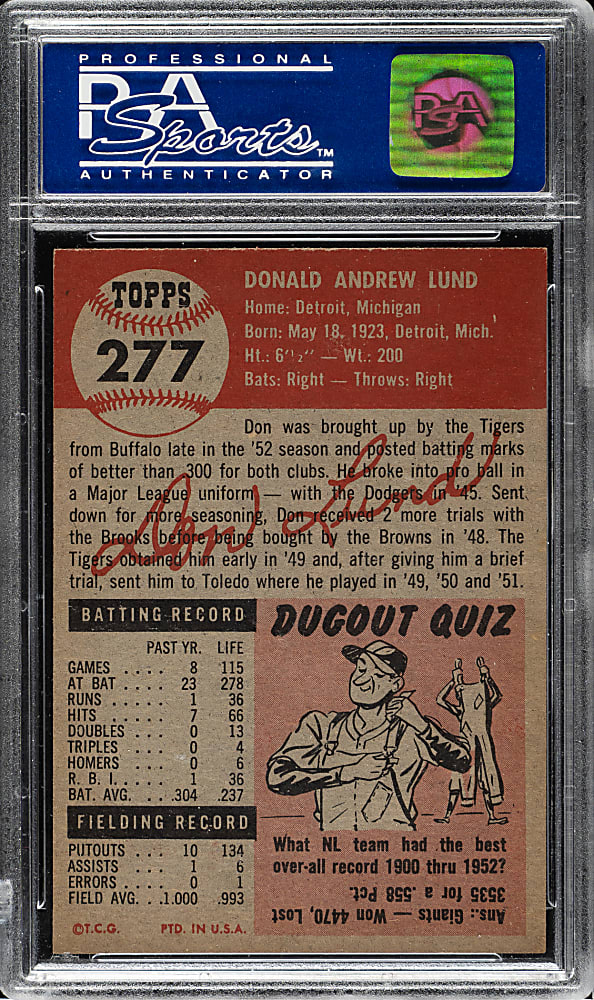 1953 Topps #277 Don Lund Short Print PSA NM-MT 8