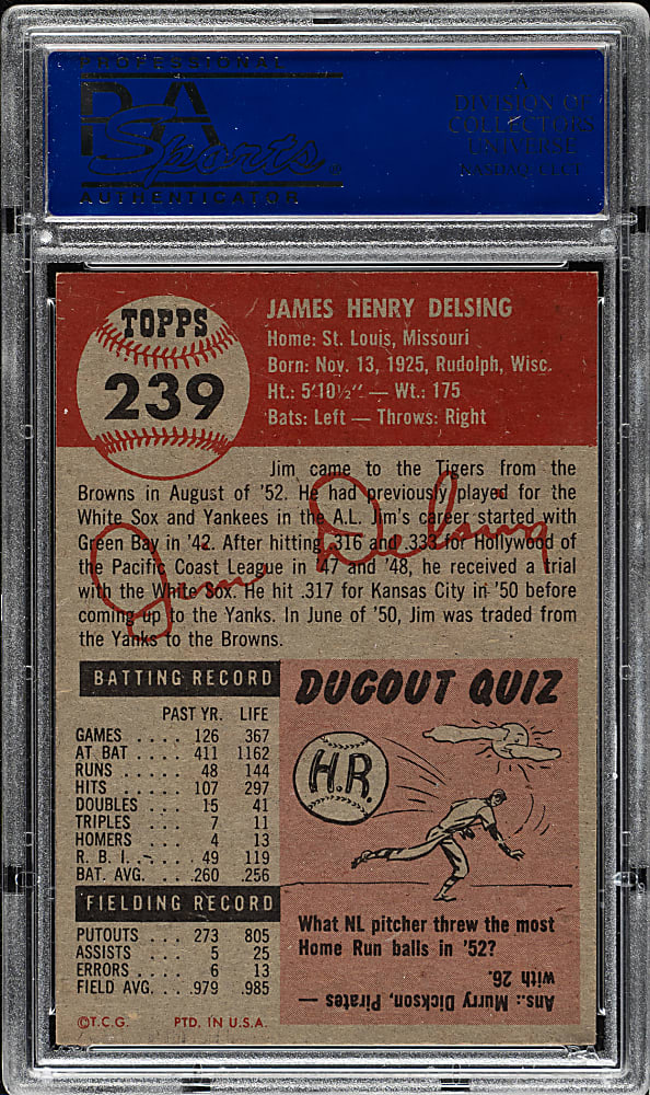 1953 Topps #239 Jim Delsing Short Print PSA NM-MT 8