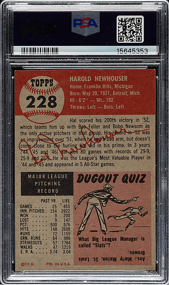 1953 Topps #228 Hal Newhouser Short Print PSA NM-MT 8