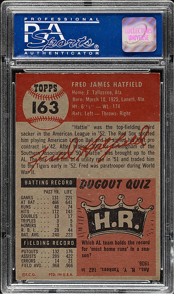 1953 Topps #163 Fred Hatfield PSA NM-MT 8