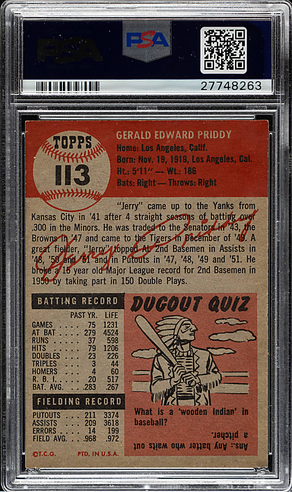 1953 Topps #113 Jerry Priddy PSA NM-MT 8