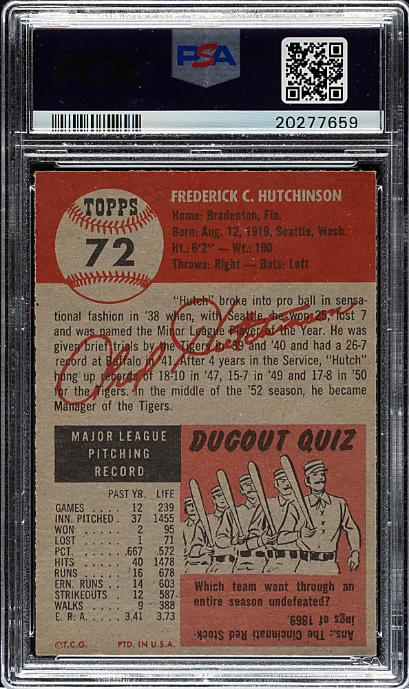 1953 Topps #72 Fred Hutchinson Short Print PSA NM-MT 8