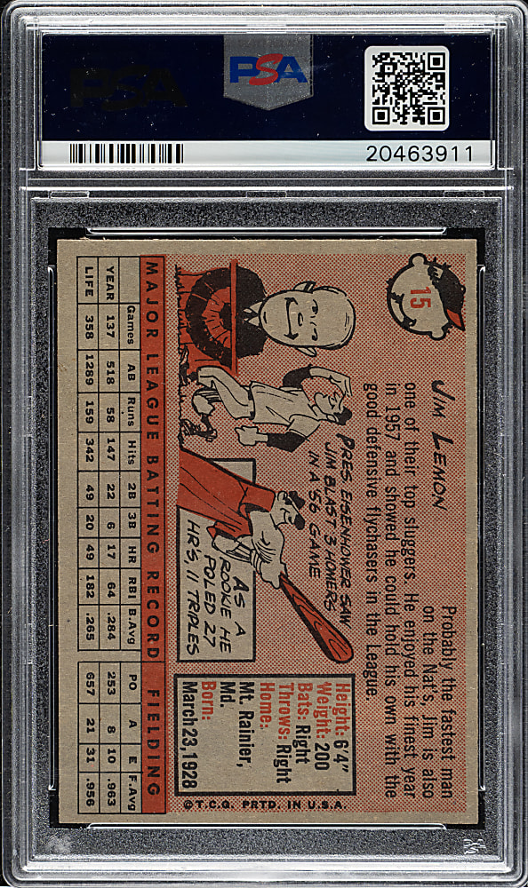 1958 Topps #15 Jim Lemon PSA MINT 9 - Highest Graded!