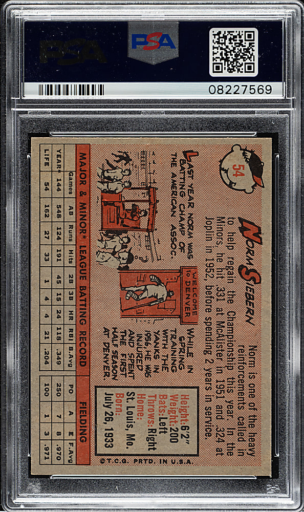 1958 Topps #54 Norm Siebern PSA MINT 9