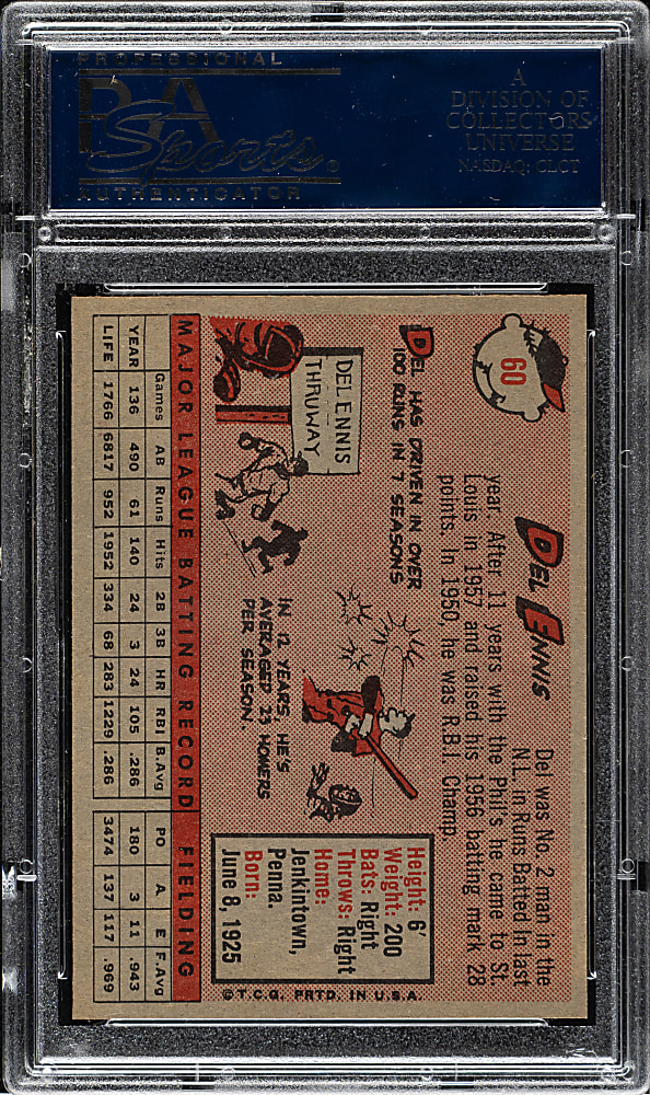 1958 Topps #60 Del Ennis PSA MINT 9 - Highest Graded!