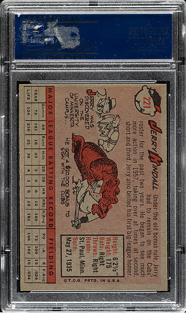 1958 Topps #221 Jerry Kindall PSA MINT 9 - Highest Graded!