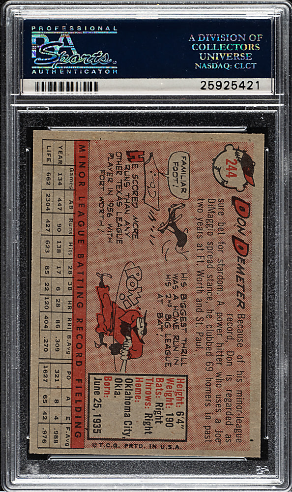 1958 Topps #244 Don Demeter PSA MINT 9 - Highest Graded!
