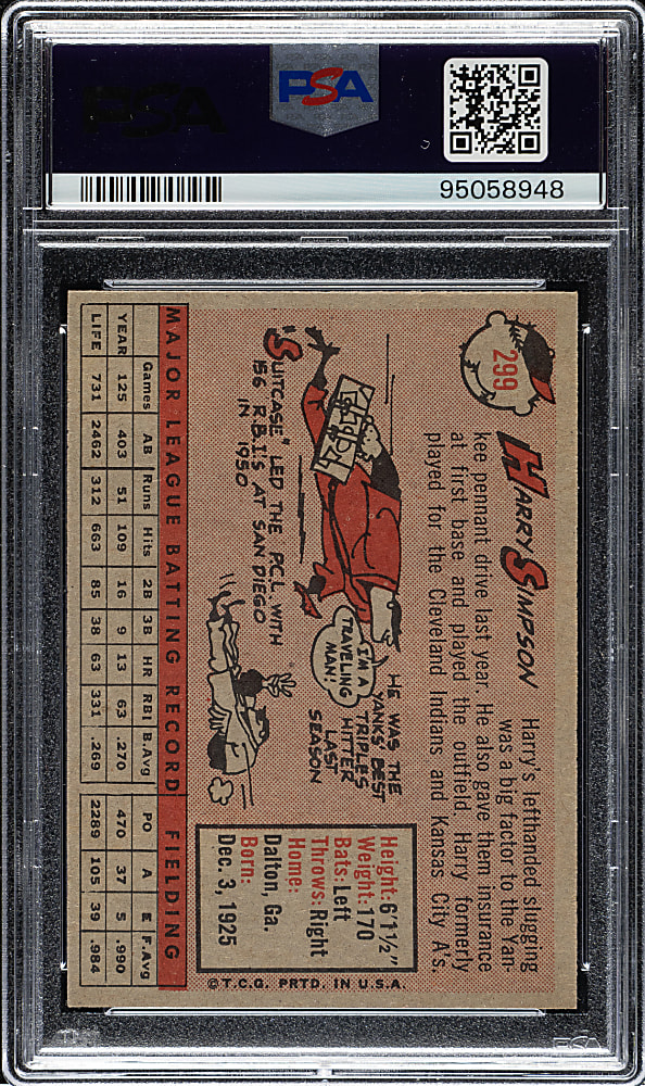 1958 Topps #299 Harry Simpson PSA MINT 9 - Highest Graded!