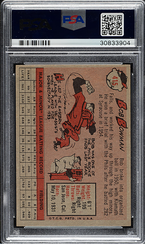 1958 Topps #415 Bob Bowman PSA MINT 9 - Highest Graded!