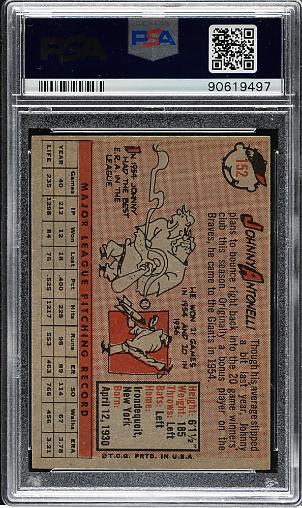 1958 Topps #152 Johnny Antonelli PSA MINT 9 - Highest Graded!