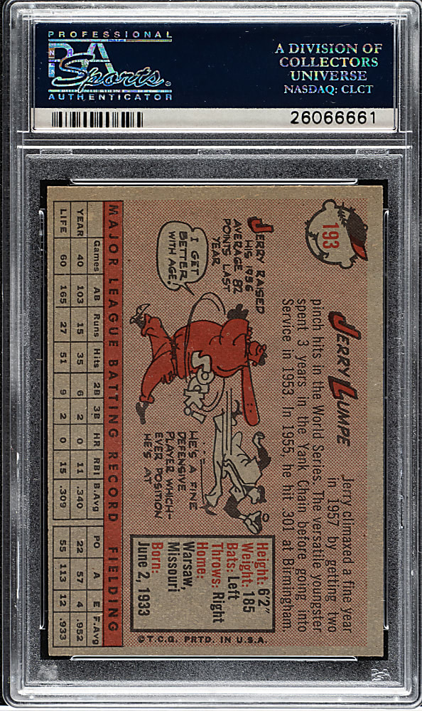 1958 Topps #193 Jerry Lumpe PSA MINT 9 - Highest Graded!
