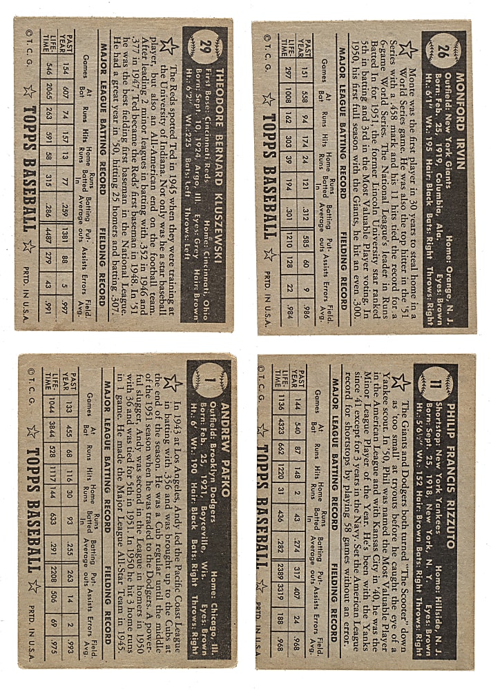 Signed 1952 Topps Collection (27) Including Irvin, Rizzuto, Pafko, and Slaughter - All Black Backs