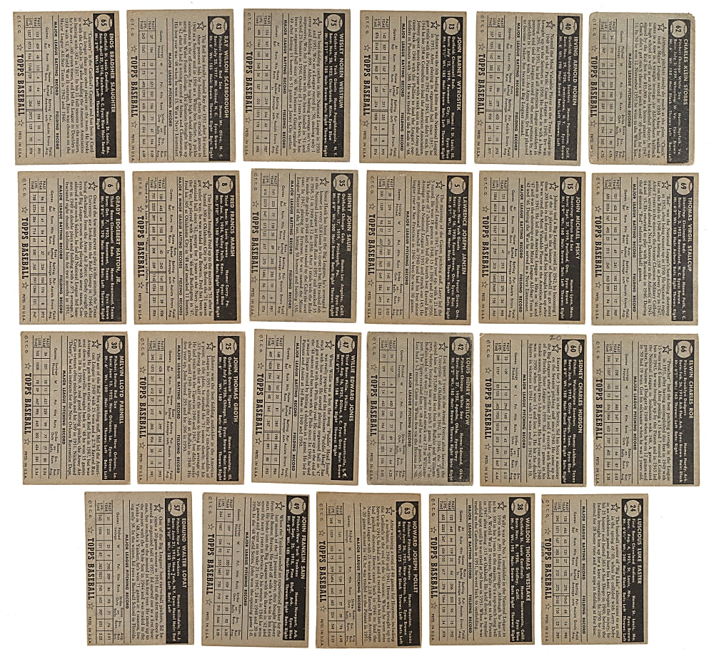 Signed 1952 Topps Collection (27) Including Irvin, Rizzuto, Pafko, and Slaughter - All Black Backs