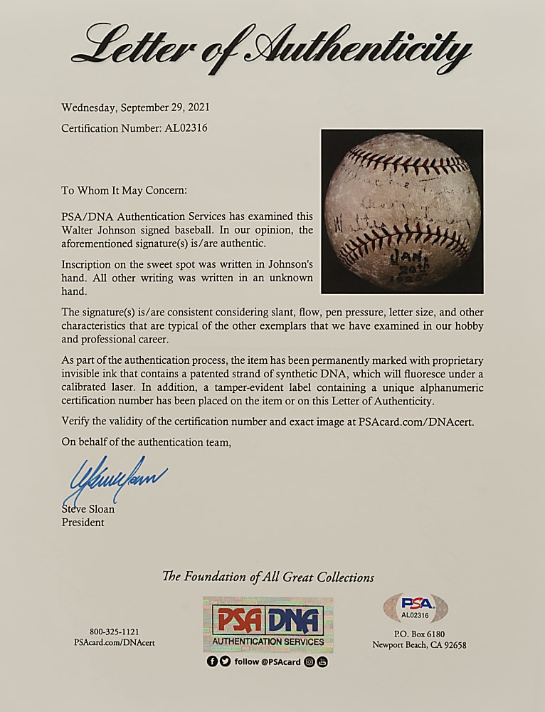 1925 Walter Johnson Single-Signed Baseball - PSA/DNA