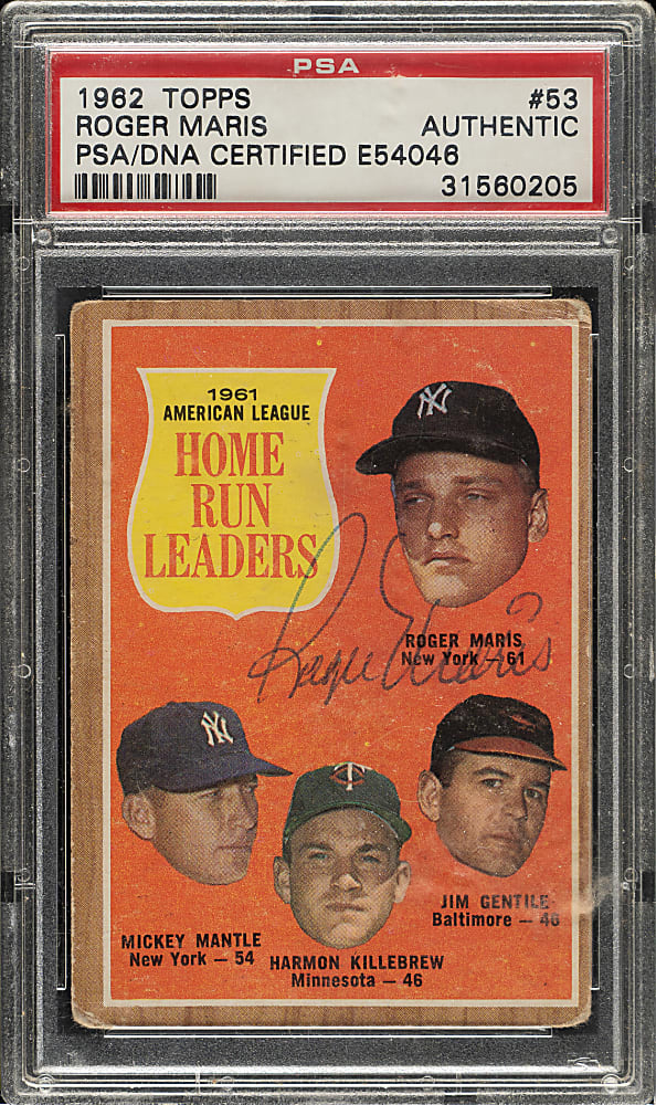 Signed 1962 Topps #53 AL Home Run Leaders with Roger Maris - PSA/DNA