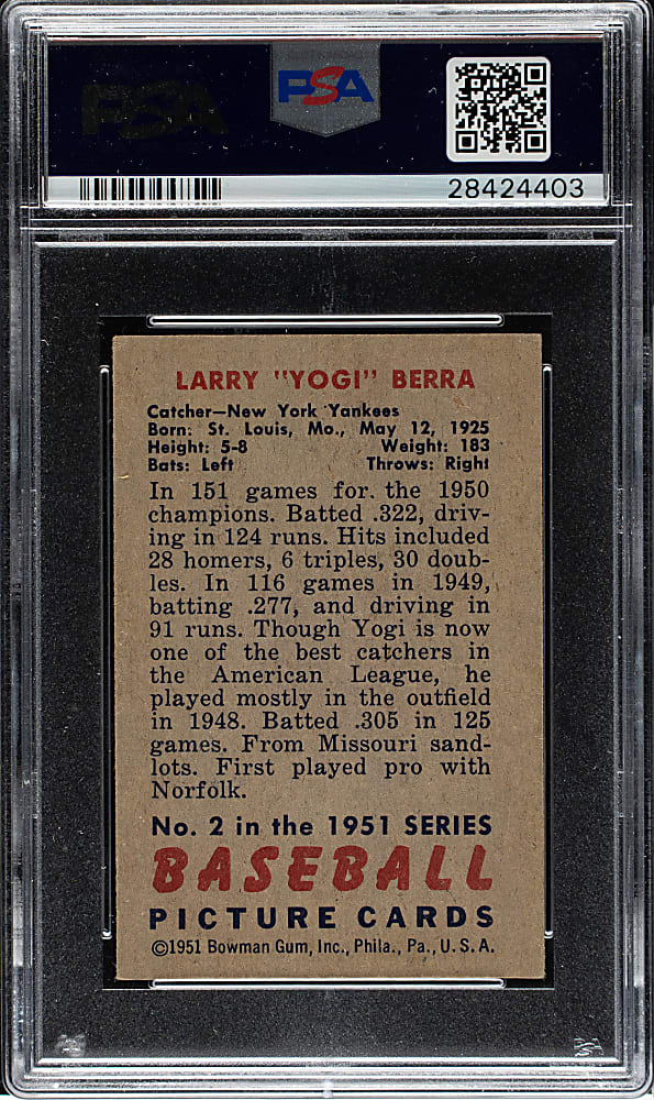 1951 Bowman #2 Yogi Berra PSA EX-MT 6