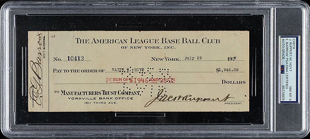 1927 Waite Hoyt Endorsed New York Yankees Payroll Check Signed by Jacob Ruppert and Ed Barrow PSA/DNA NM-MT 8