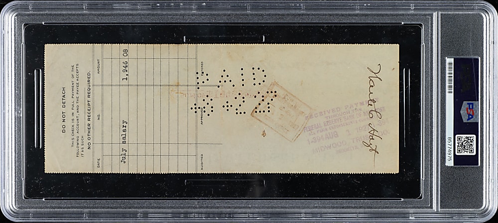 1927 Waite Hoyt Endorsed New York Yankees Payroll Check Signed by Jacob Ruppert and Ed Barrow PSA/DNA NM-MT 8