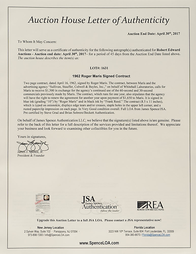 1962 Roger Maris Signed Contract - JSA