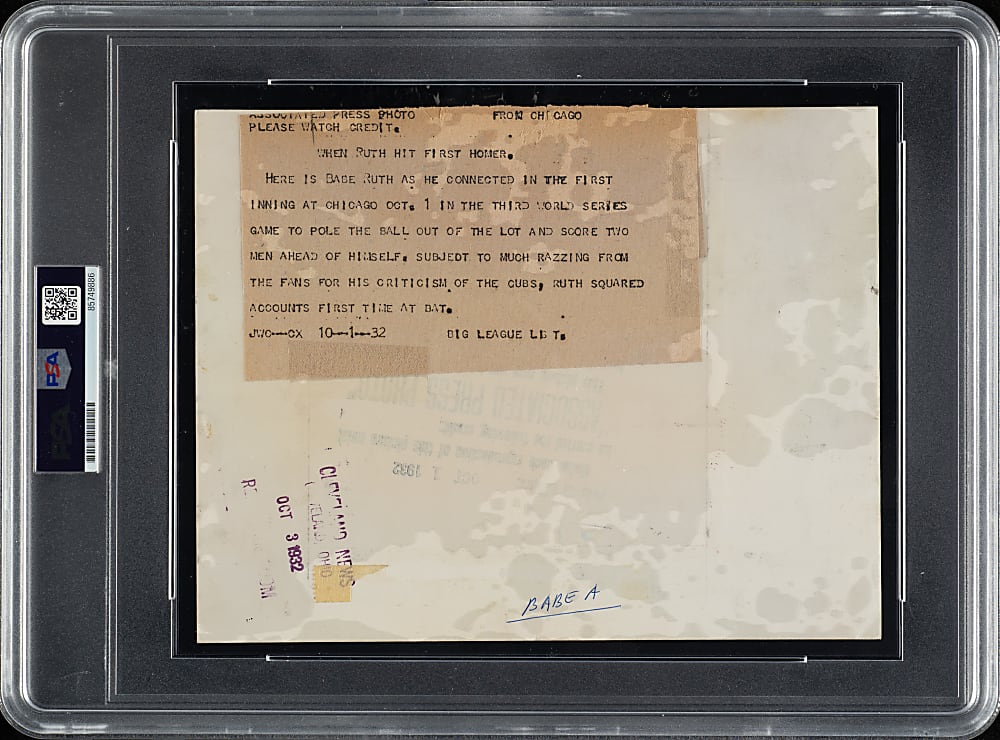 1932 Babe Ruth World Series Game 3 Original Associated Press Photograph PSA/DNA Type I - First Home Run in the "Called Shot" Game