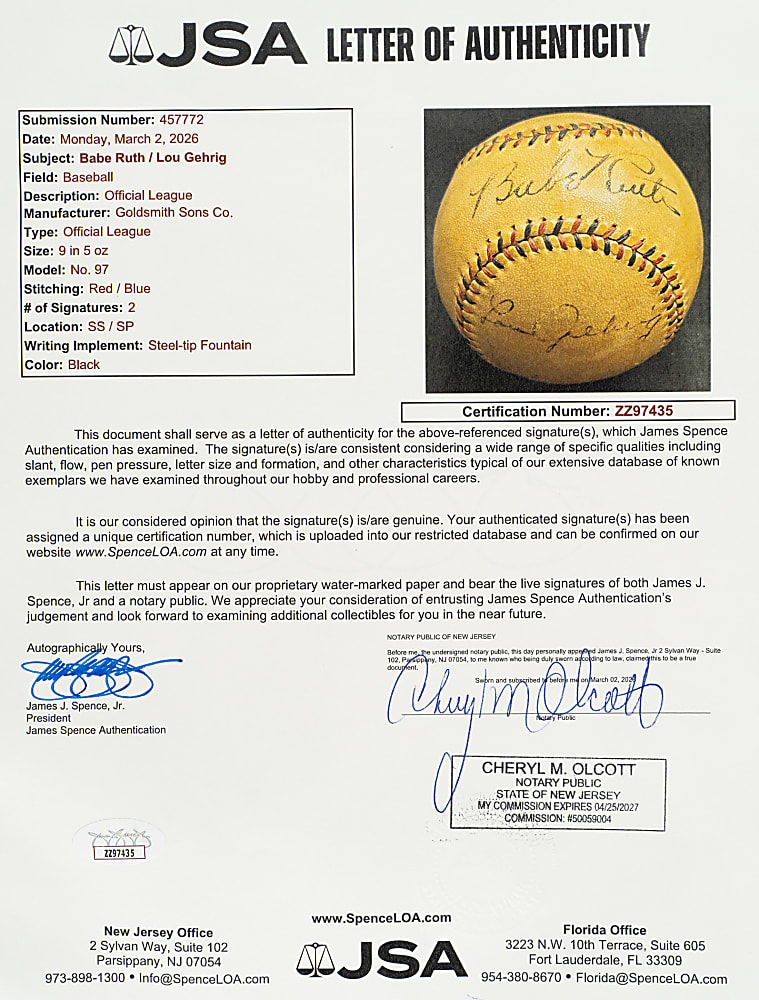 Babe Ruth and Lou Gehrig Dual-Signed Baseball - JSA