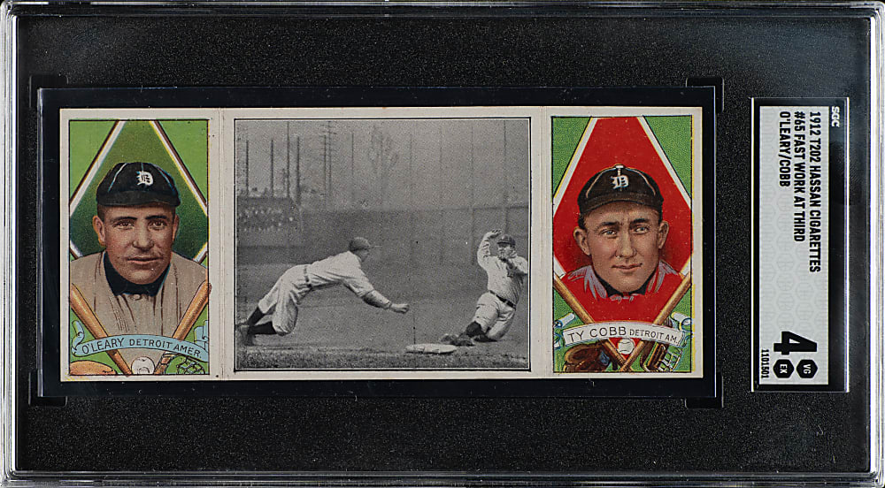 1912 T202 Hassan Triple Folder "Fast Work at Third" Ty Cobb/O'Leary SGC VG/EX 4