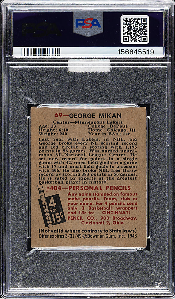 1948 Bowman Basketball #69 George Mikan Rookie PSA VG+ 3.5 (MBA Gold Diamond)