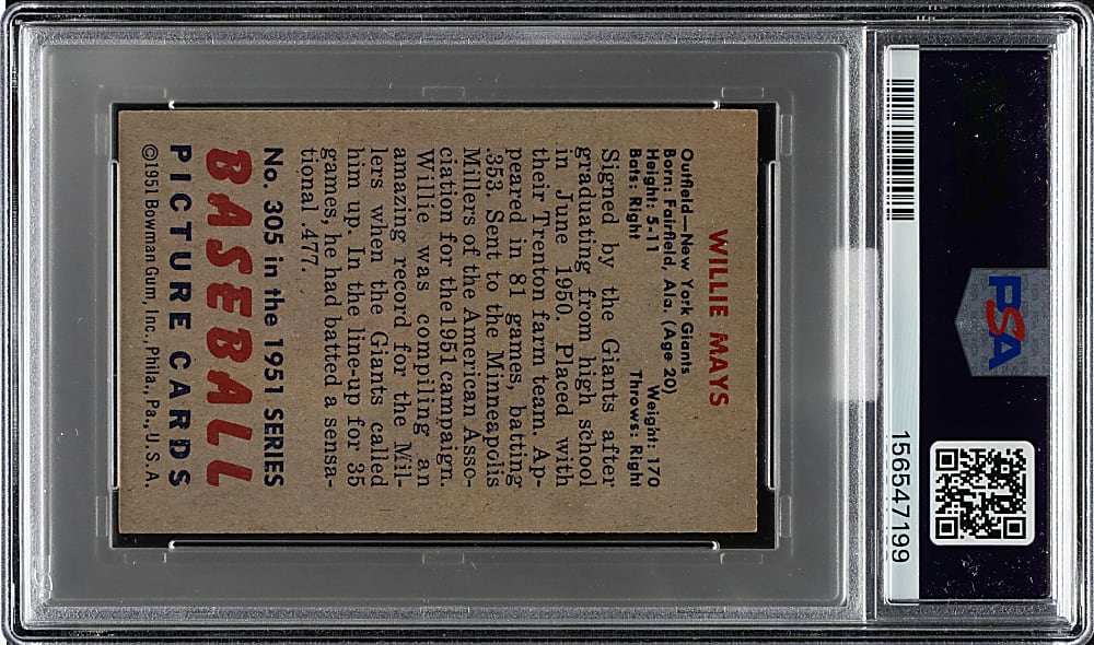 1951 Bowman #305 Willie Mays Rookie PSA EX-MT 6 (MBA Silver Diamond)