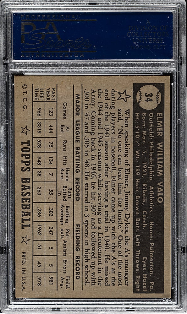 1952 Topps #34 Elmer Valo Black Back PSA NM 7