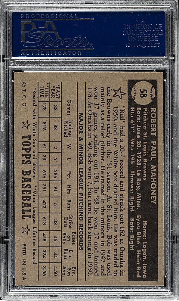 1952 Topps #58 Bob Mahoney Black Back PSA NM 7