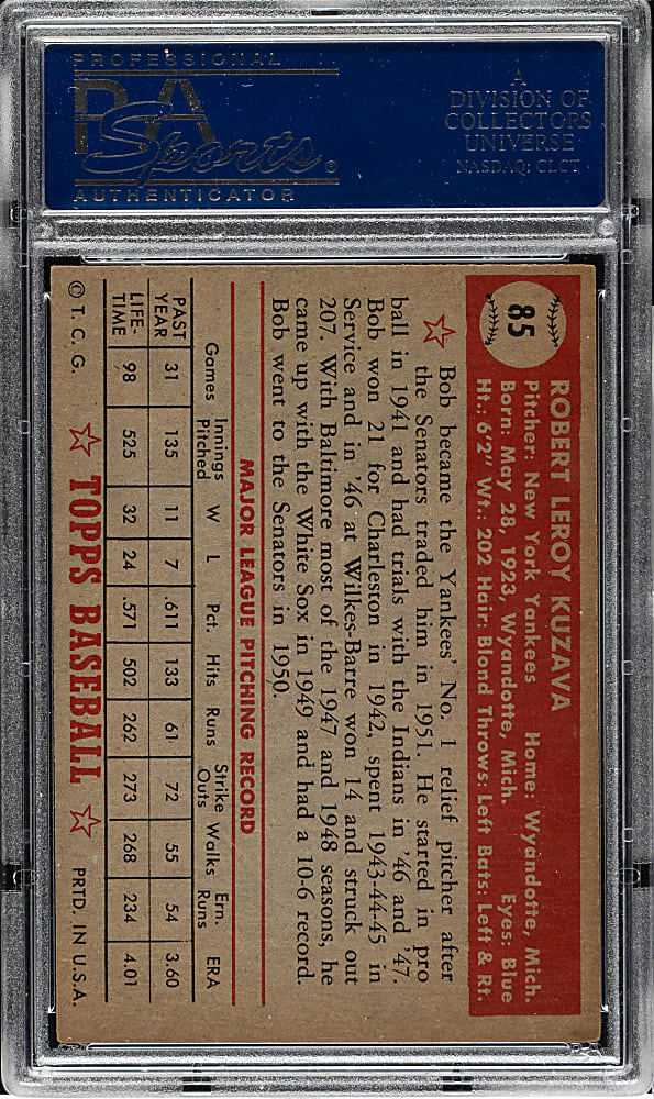1952 Topps #85 Bob Kuzava PSA NM+ 7.5