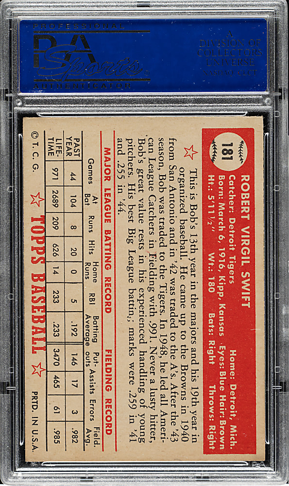 1952 Topps #181 Bob Swift PSA NM 7