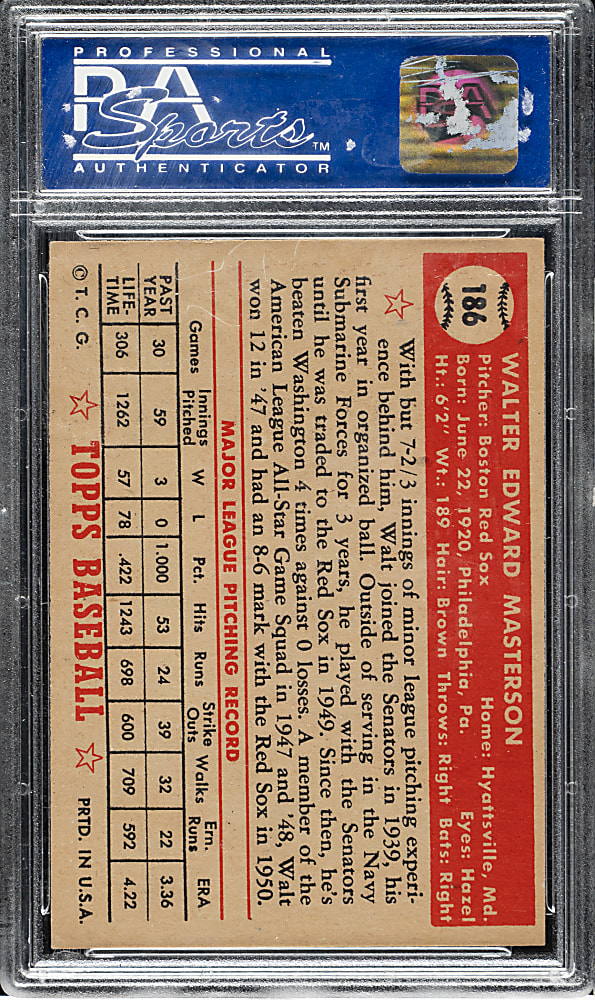 1952 Topps #186 Walt Masterson PSA NM 7