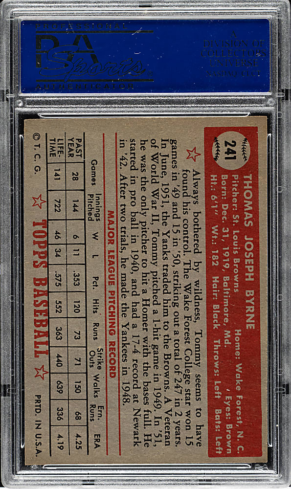 1952 Topps #241 Tommy Byrne PSA NM 7