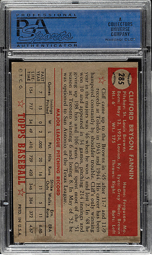 1952 Topps #285 Cliff Fannin PSA NM 7