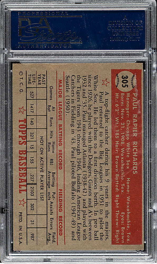 1952 Topps #305 Paul Richards PSA NM 7
