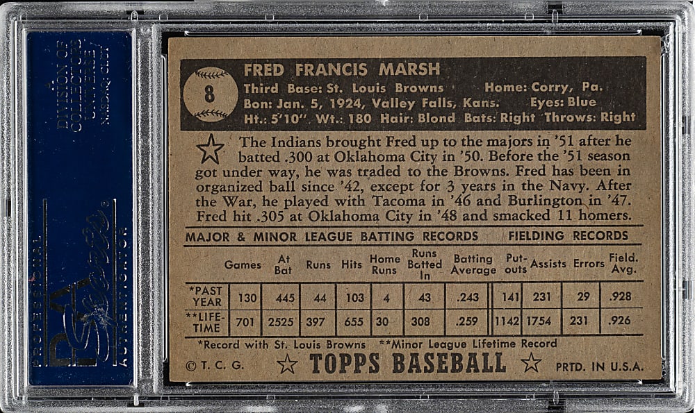 1952 Topps #8 Fred Marsh Black Back PSA NM 7