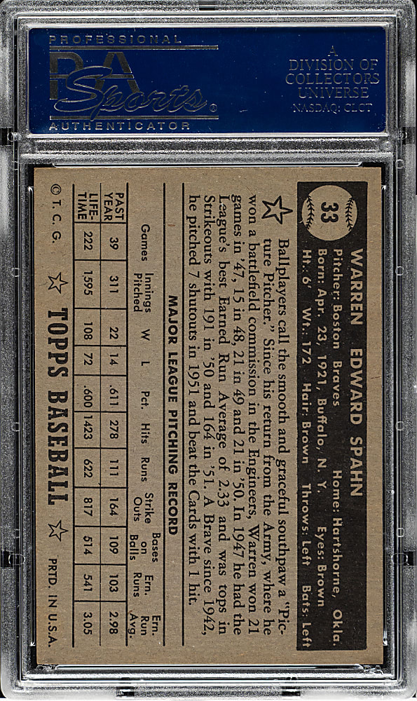 1952 Topps #33 Warren Spahn Black Back PSA NM+ 7.5