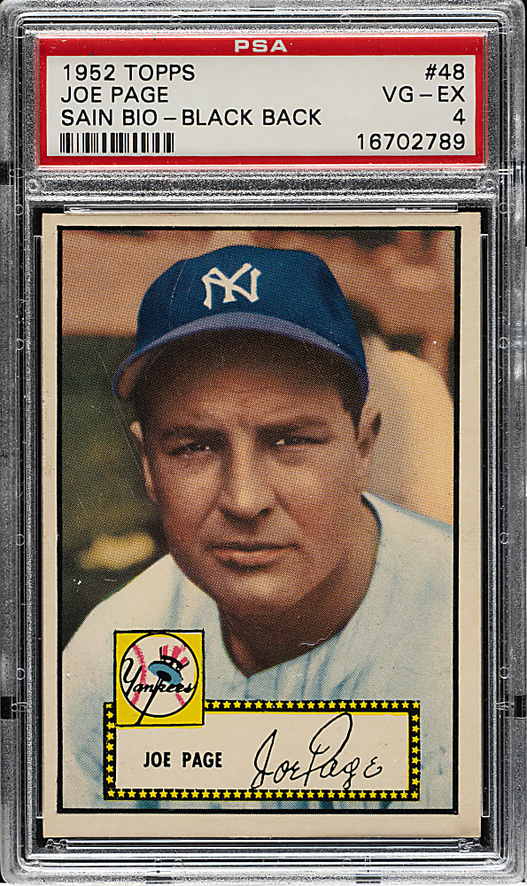1952 Topps #48 Joe Page Incorrect Bio (Sain) Black Back PSA VG-EX 4
