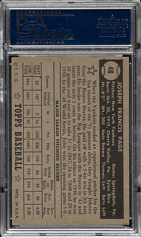 1952 Topps #48 Joe Page Incorrect Bio (Sain) Black Back PSA VG-EX 4