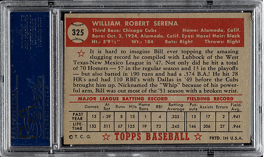 1952 Topps #325 Bill Serena High Number PSA NM 7