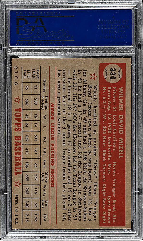 1952 Topps #334 Wilmer Mizell High Number PSA NM 7