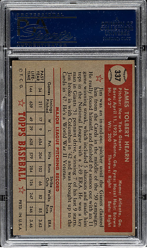 1952 Topps #337 Jim Hearn High Number PSA NM 7