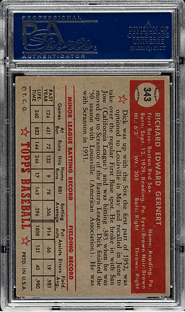 1952 Topps #343 Dick Gernert High Number PSA NM+ 7.5