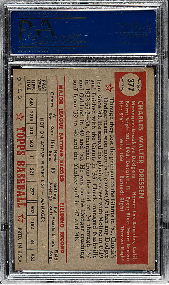 1952 Topps #377 Chuck Dressen High Number PSA EX-MT 6