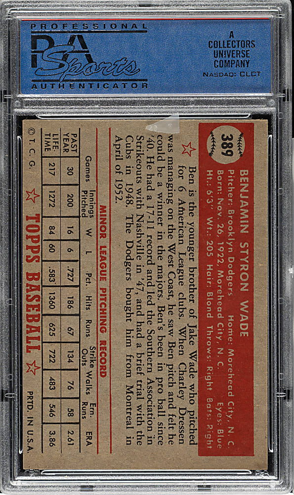 1952 Topps #389 Ben Wade High Number PSA NM 7