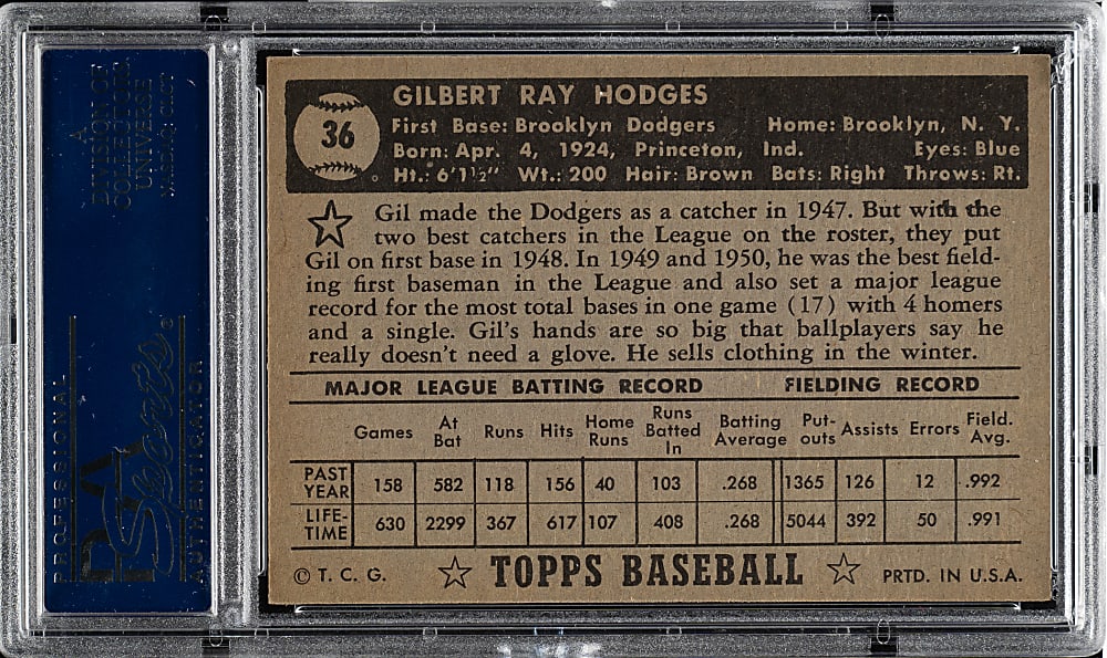 1952 Topps #36 Gil Hodges Black Back PSA NM 7