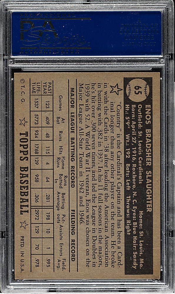 1952 Topps #65 Enos Slaughter Black Back PSA NM 7