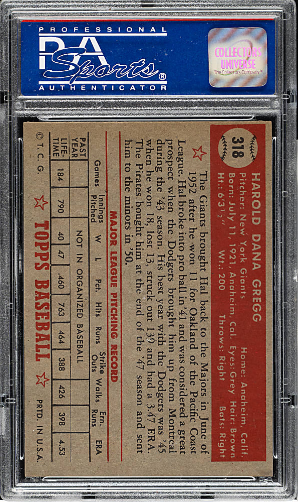 1952 Topps #318 Hal Gregg High Number PSA NM 7