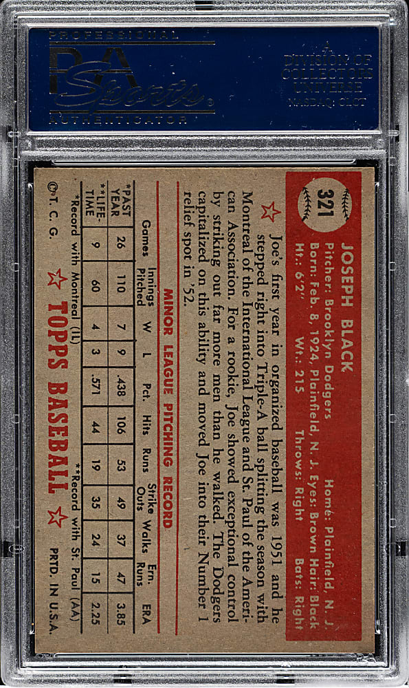 1952 Topps #321 Joe Black Rookie High Number PSA NM 7